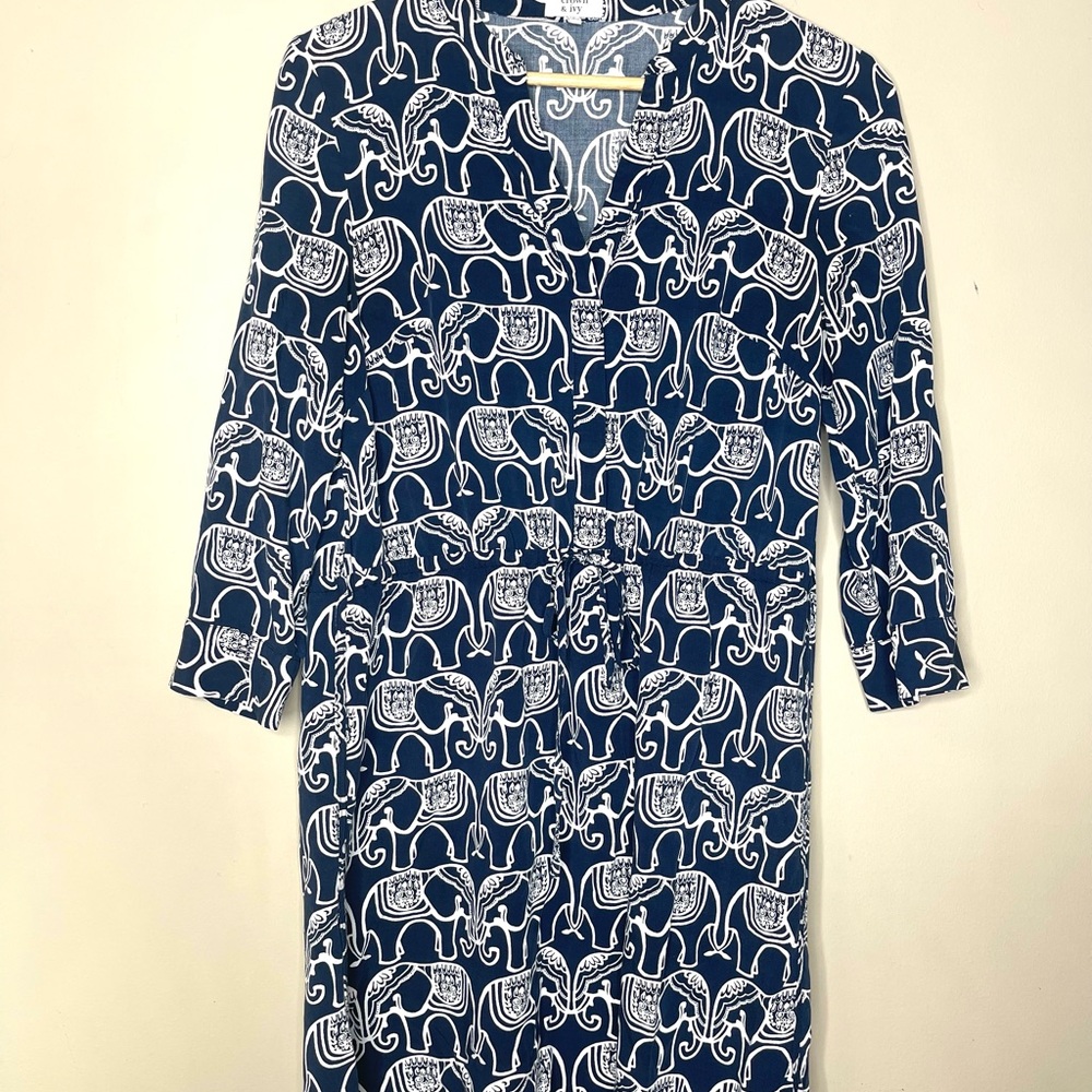 Crown & Ivy Elephant Navy and White Print Dress Womens Size 6